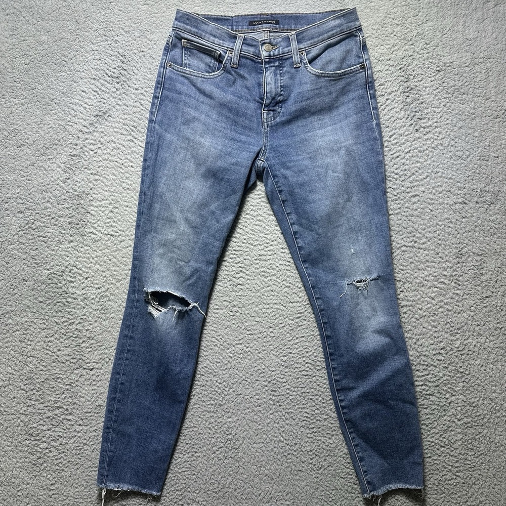 Lucky Brand Ava Crop Skinny Jeans Womens 4/27 Blue Denim Mid Rise Raw Hem Grunge